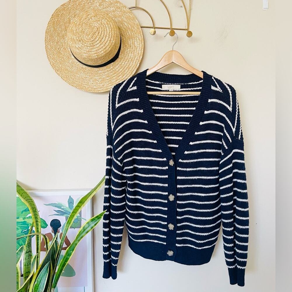 LOFT Navy and White Striped Button-Front Cardigan